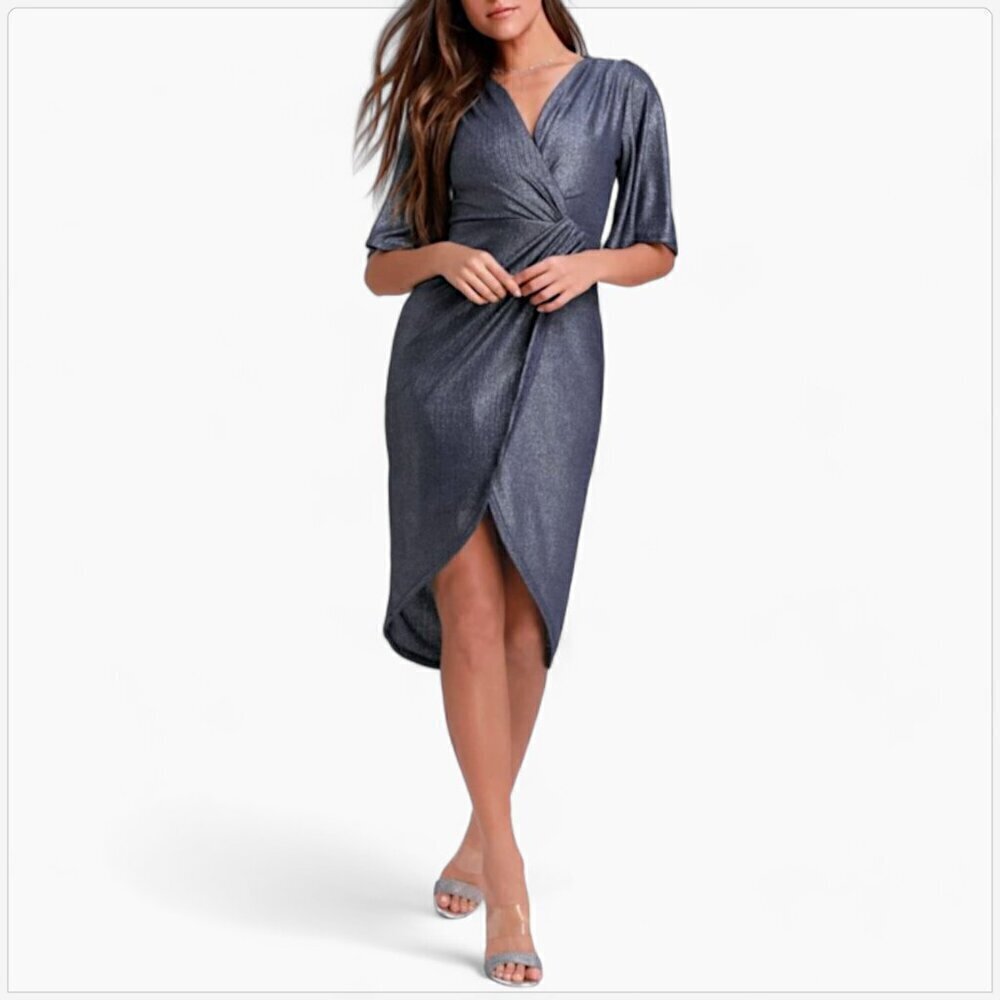 Lulus You're the Stun Navy Blue Metallic Midi Dress Evening Cocktail NWT NEW M